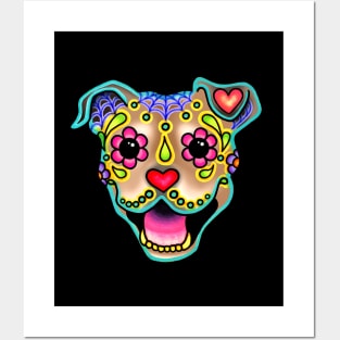 Smiling Pit Bull in Fawn - Day of the Dead Pitbull Sugar Skull Dog Posters and Art